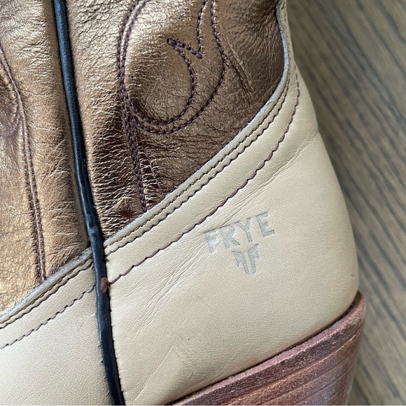 FRYE Metallic Gold Stitched Knee High Western Festival Cowboy Boots - Picture 9 of 15
